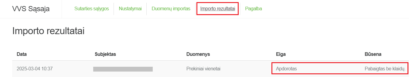 Importo rezultatų peržiūros langas
