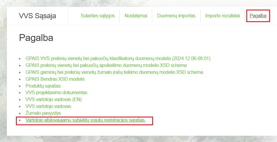 Vartotojo atstovaujamų subjektų srautų registracijos sąrašo langas