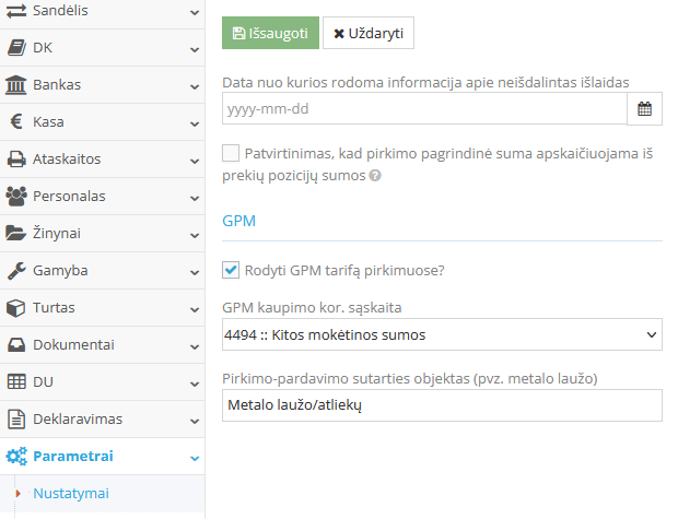 GPM nustatymų langas pirkimų registravimui