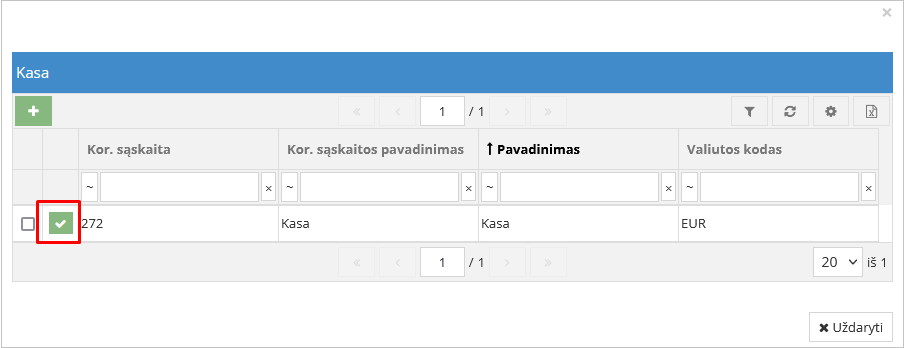 Kasos pasirinkimo langas išlaidų orderiui