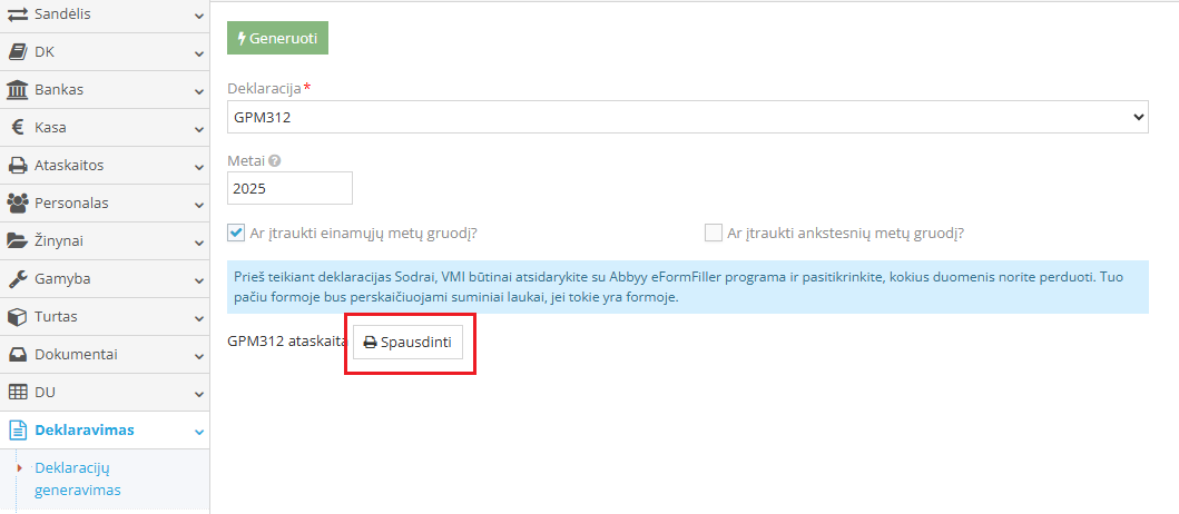 GPM312 ataskaitos peržiūros langas su duomenų suvestine