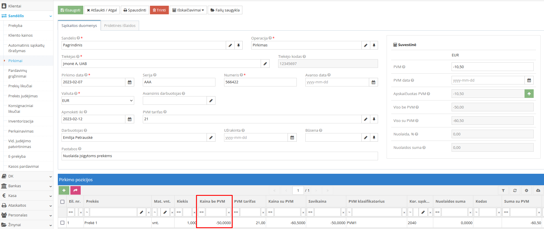 Prekių grąžinimo operacijos naudojimas pirkimo nuolaidai taikyti