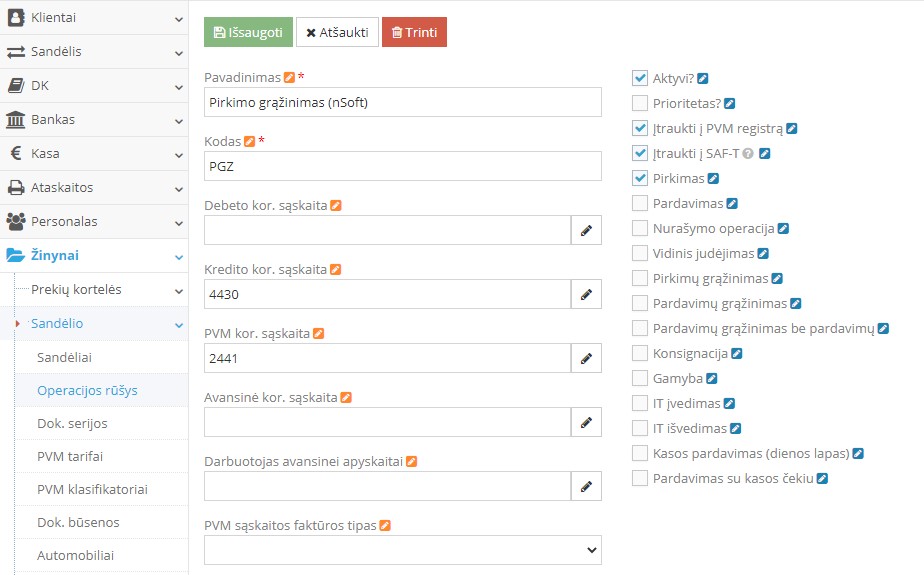 Pirkimo grąžinimo operacijos rūšies pavyzdys nSoft integracijoje