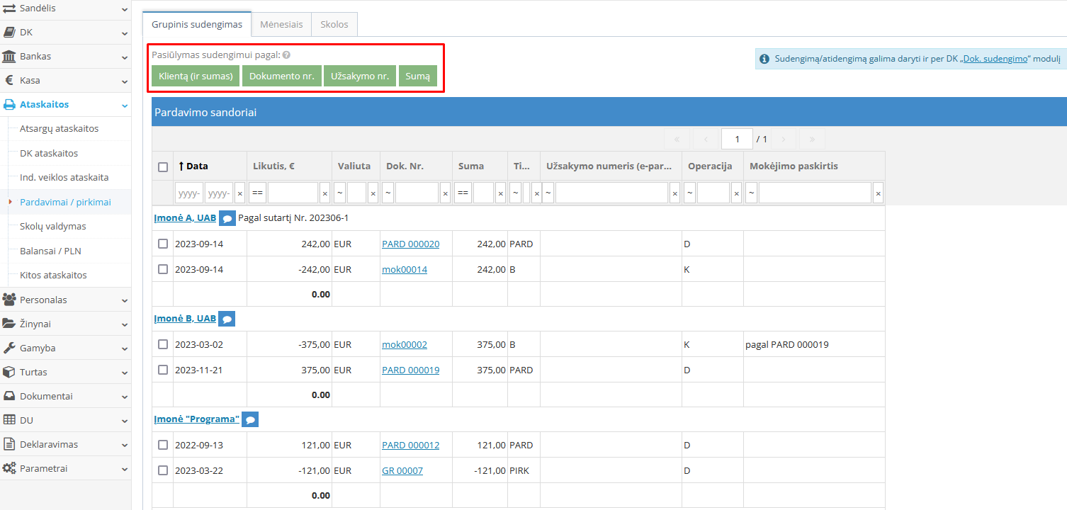 Automatinio sudengimo funkcijos pasirinkimo langas