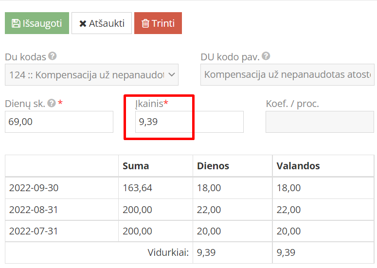 Darbo užmokesčio įkainio keitimo langas