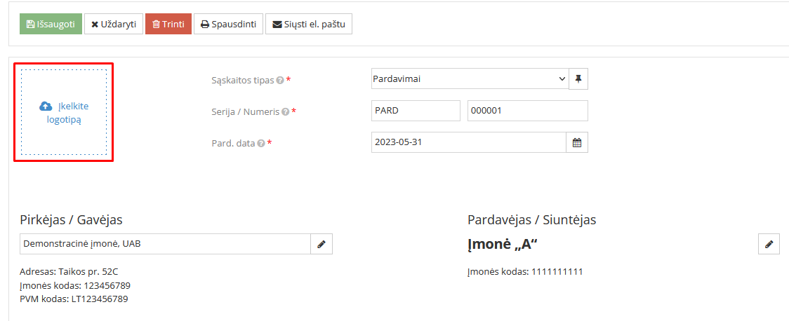 Logotipo įkėlimo langas pardavimo įraše