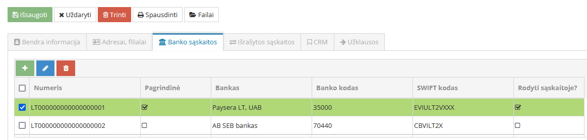 Įmonės kortelės banko sąskaitos pasirinkimo langas