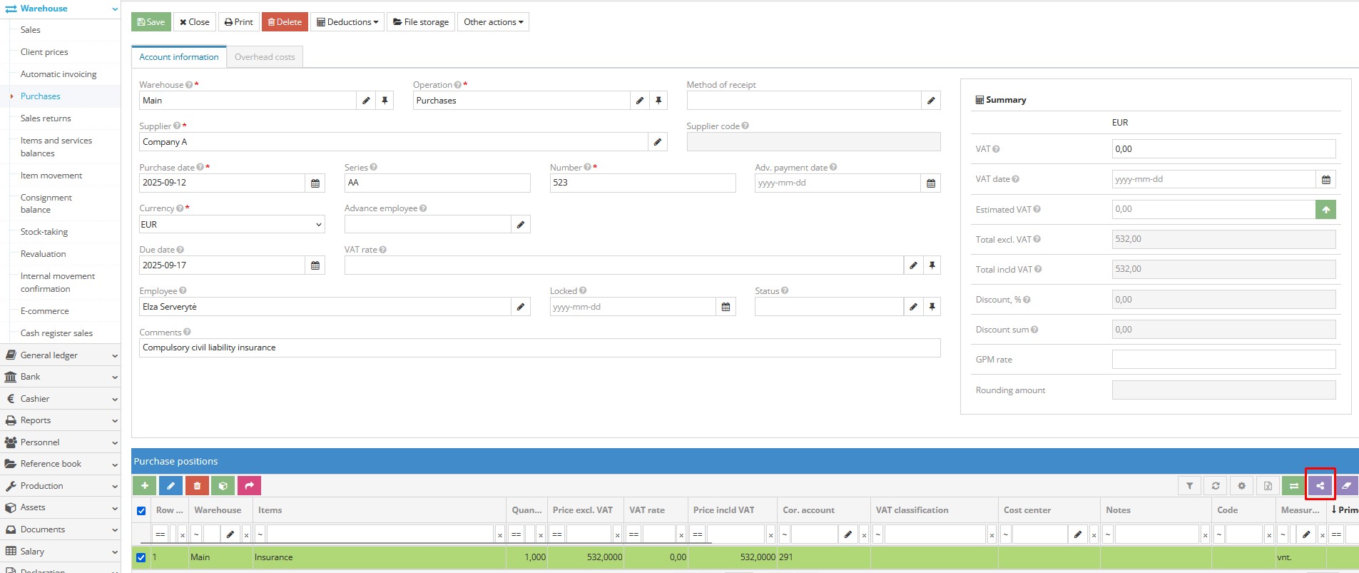 Purchase entry window for insurance allocation