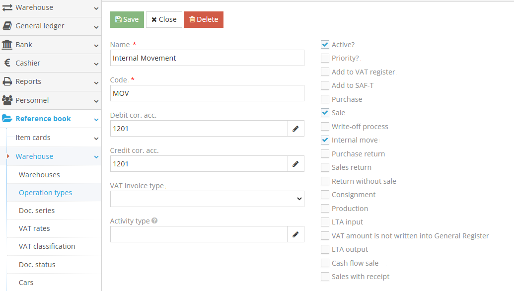 Creating an internal movement operation in warehouse reference book