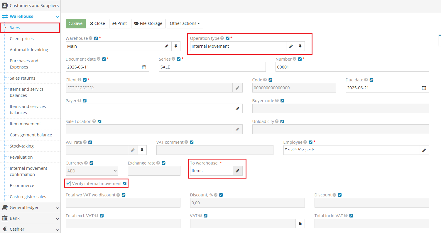 Saving an internal movement operation in warehouse module