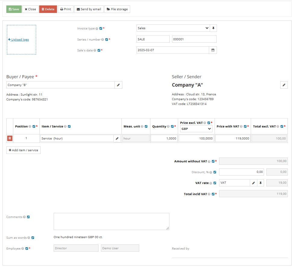 Example of completed invoice form