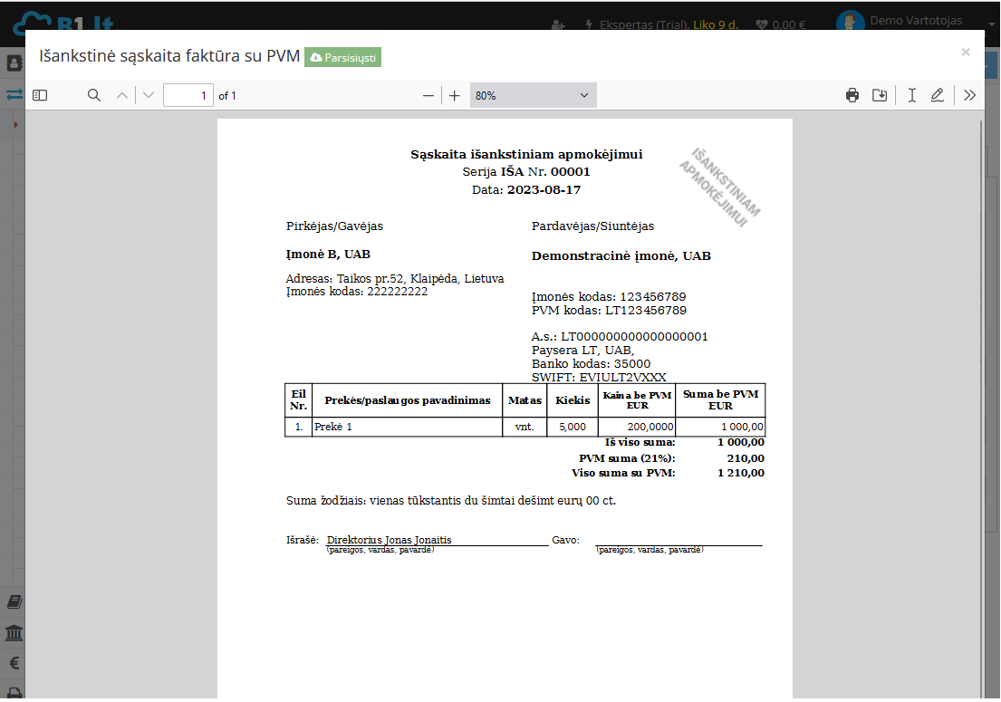 Išankstinės sąskaitos PDF generavimo pavyzdys