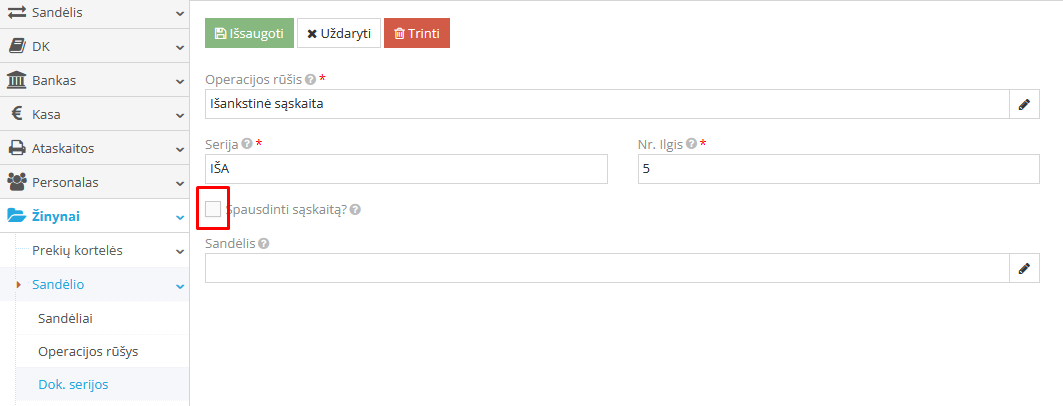 Išankstinės sąskaitos spausdinimo šablono patikrinimas