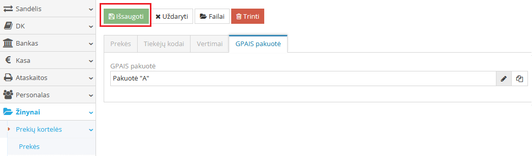 Pakuotės išsaugojimo mygtukas prekei