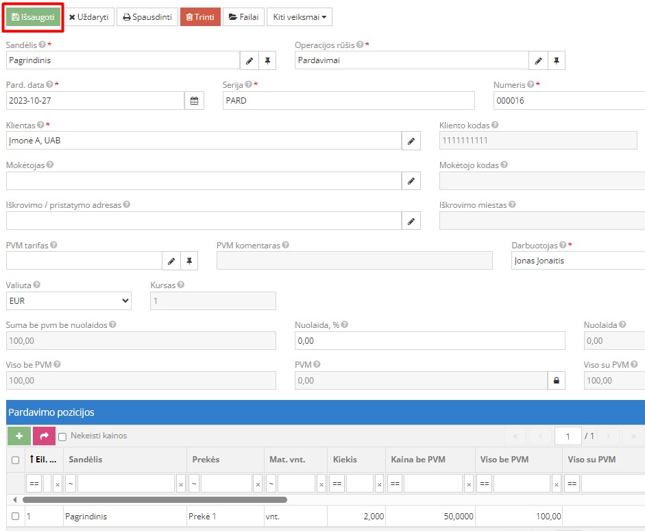 Pardavimo dokumento išsaugojimas