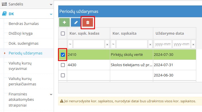 Užrakinimo įrašo ištrynimas periodo atblokavimui