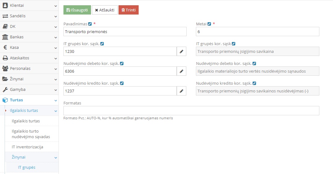 Ilgalaikio turto grupių kūrimo langas