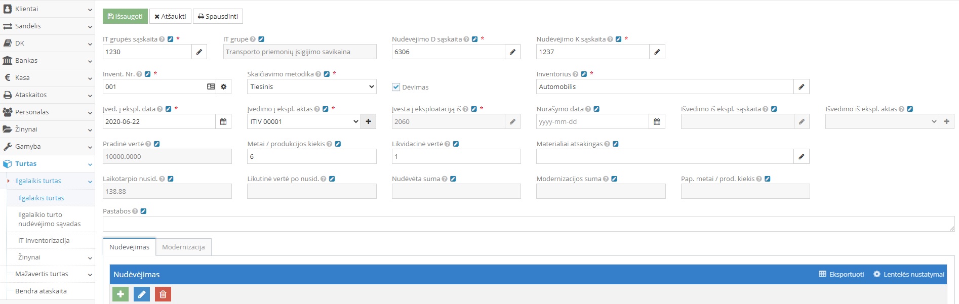 Naujo ilgalaikio turto įsigijimo langas