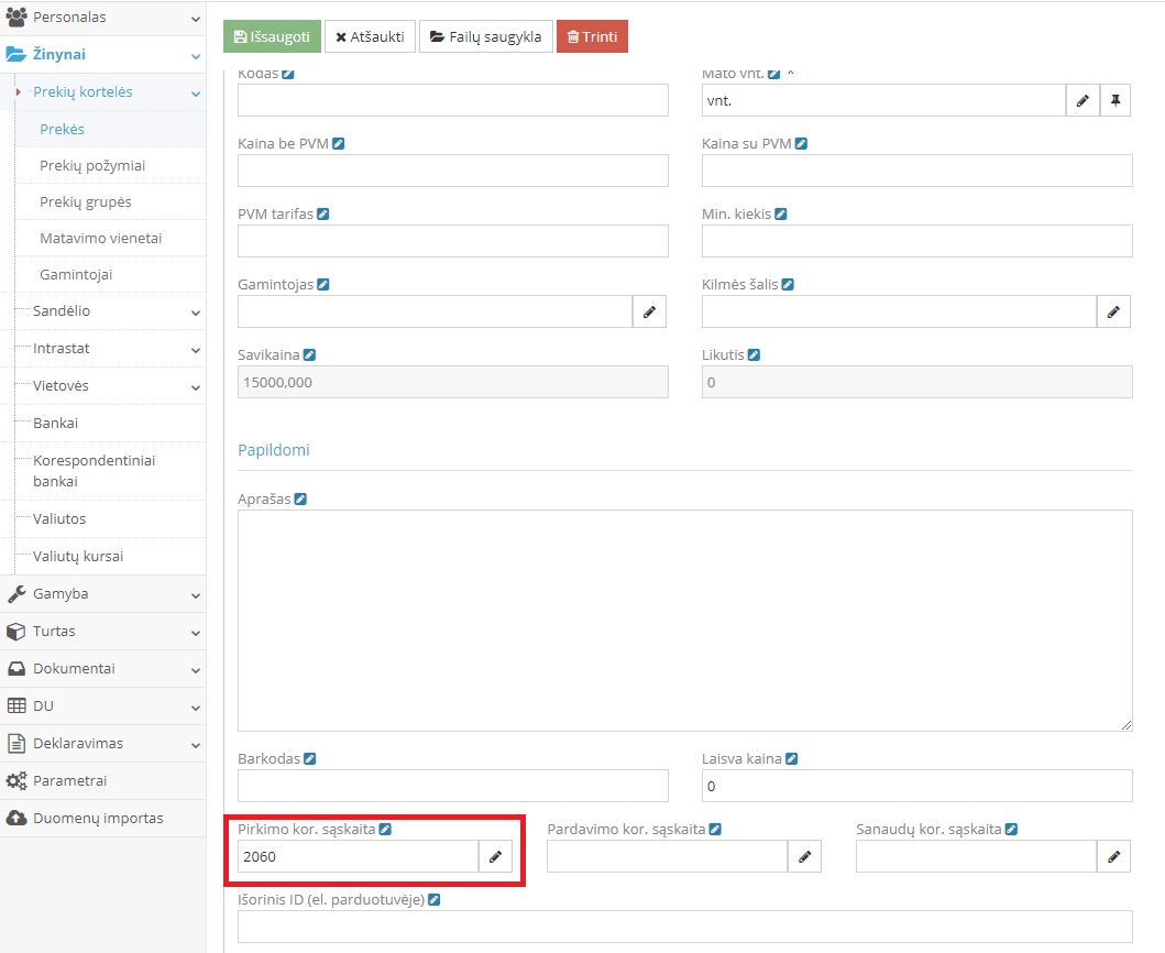Ilgalaikio turto kortelės pirkimo kor. sąskaitos nustatymas