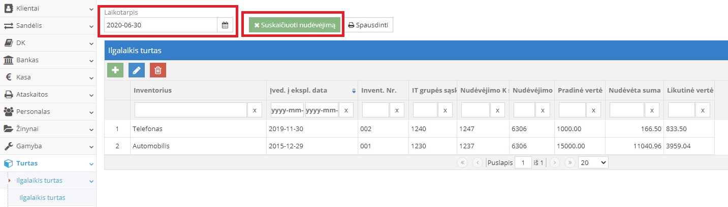 Ilgalaikio turto nusidėvėjimo skaičiavimo langas