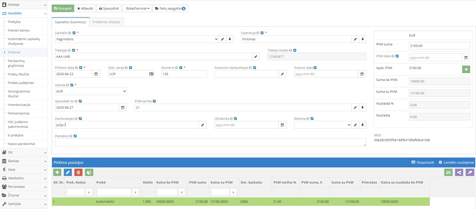 Ilgalaikio turto pirkimo dokumento registravimo langas