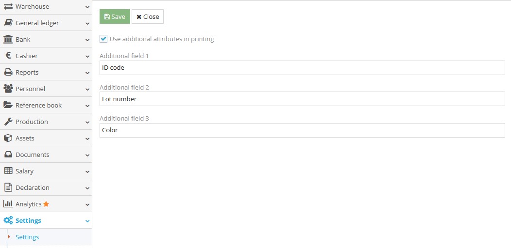 Additional item attributes settings interface example