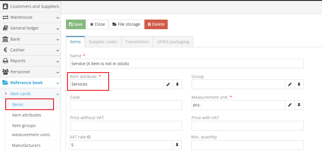 Creating an item card with the Services attribute in the reference book