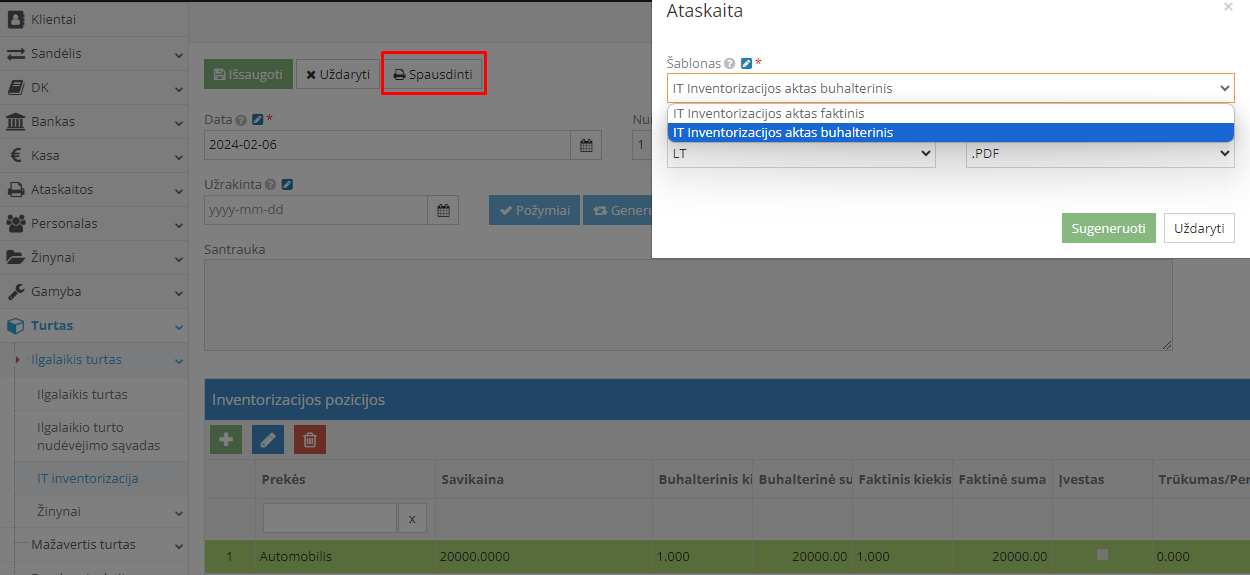 FA inventory module window with list