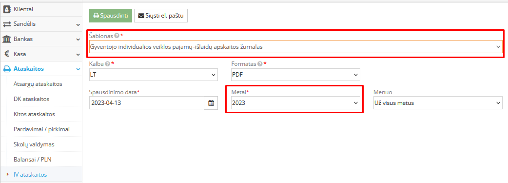 Individualios veiklos ataskaitos formos pasirinkimas