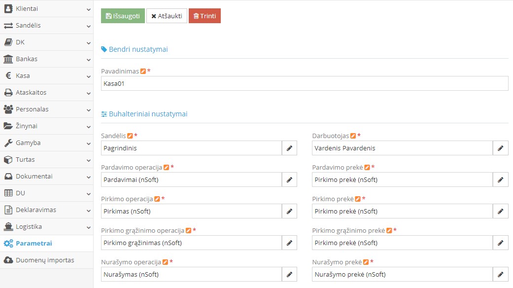 nSoft integracijos nustatymų langas su paslaugos užsakymo laukais
