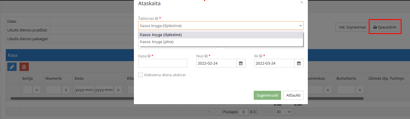 Kasos knygos ataskaitos generavimo langas Kasos knygos ataskaitos generavimo langas
