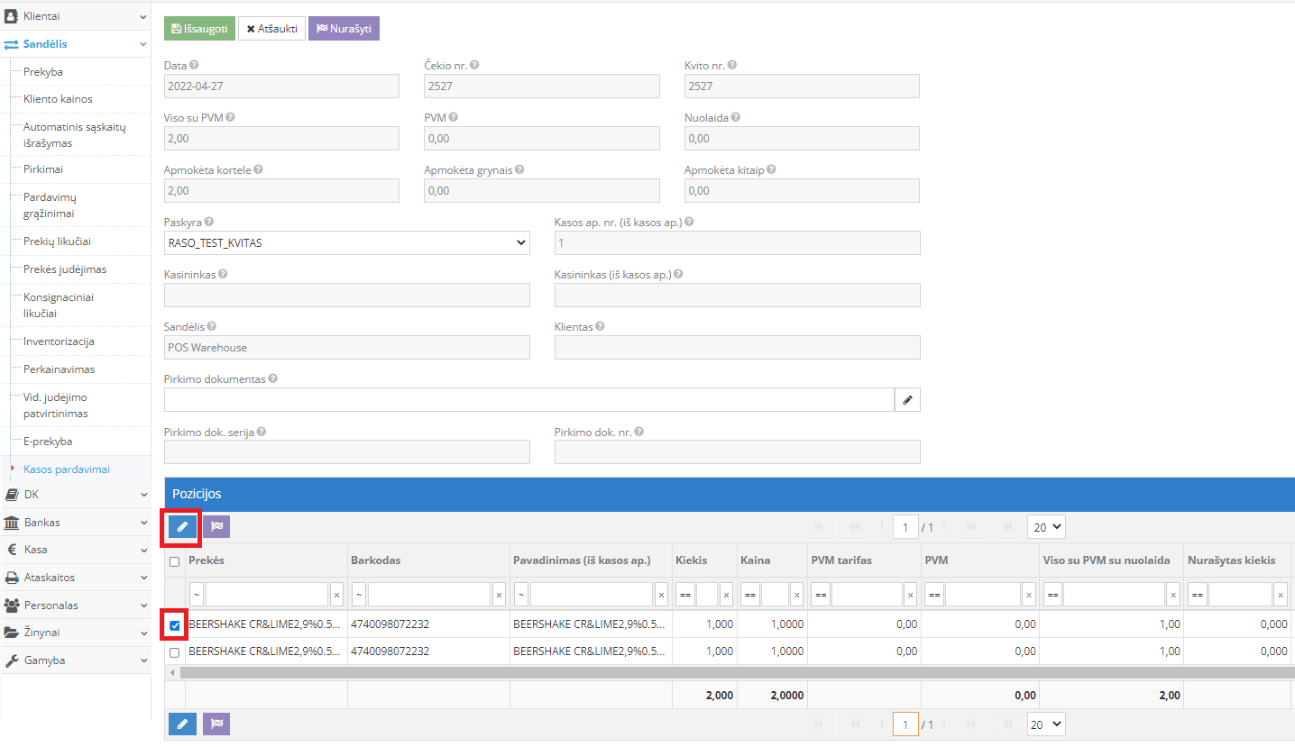 Editing a cash sale record