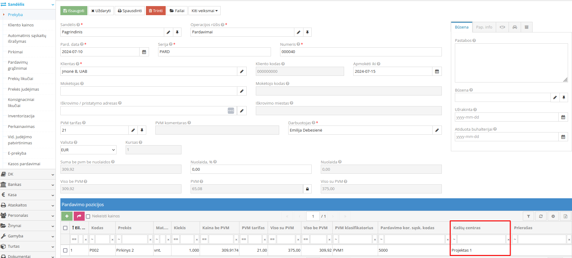 Kaštų centrų priskyrimas prekių pardavimo pozicijose