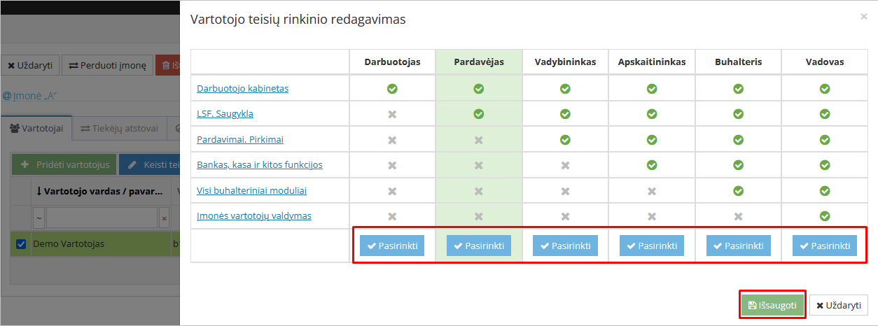 Teisių rinkinio keitimo langas