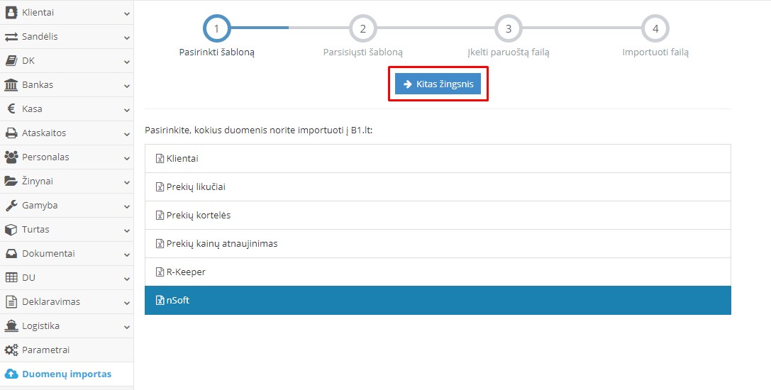 Duomenų importo langas su mygtuku Kitas žingsnis nSoft integracijoje