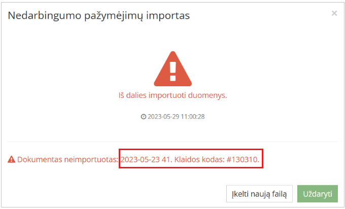 Klaidos kodas 130310 pranešimo langas