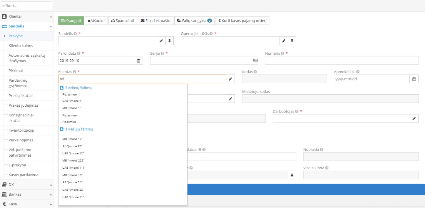 Kliento kortelės kūrimo langas programoje