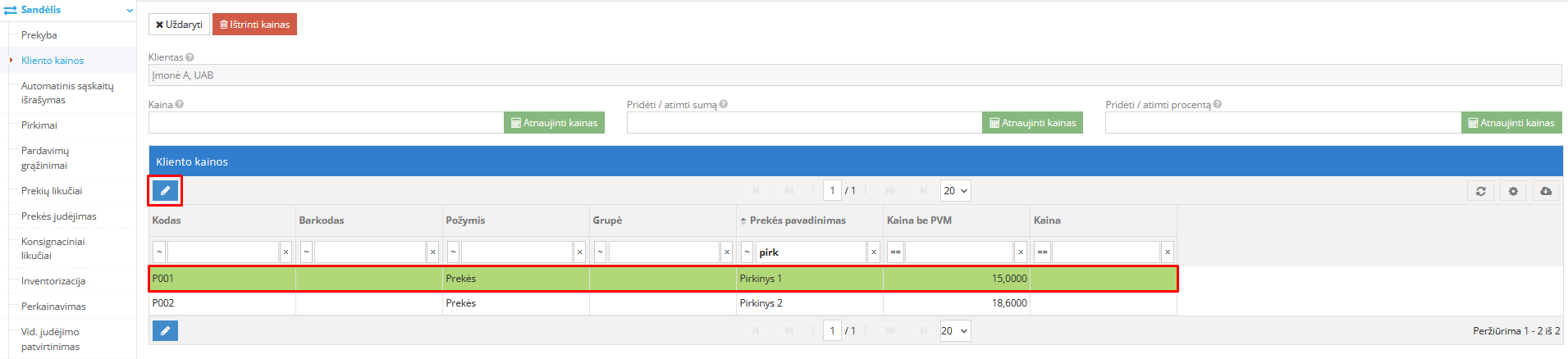 Kliento kainos pasirinkimo langas