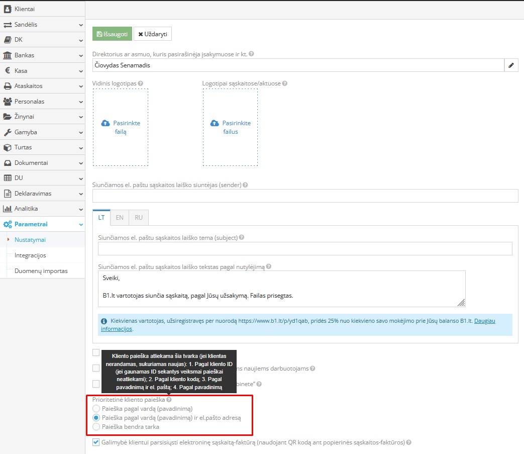 Prioritetinės kliento paieškos nustatymo langas
