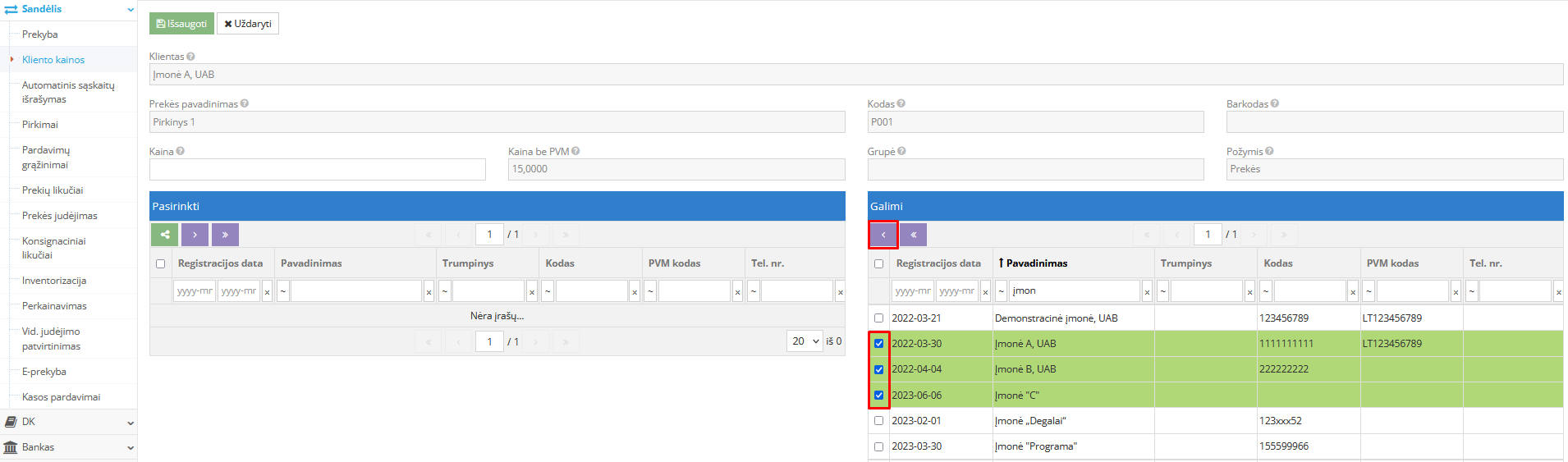 Klientų pasirinkimo forma kainai pritaikyti