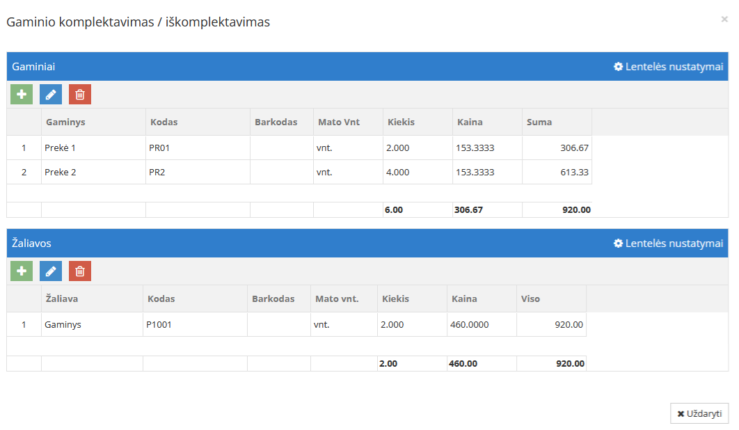 Gamybos akto langas su užpildytais laukais
