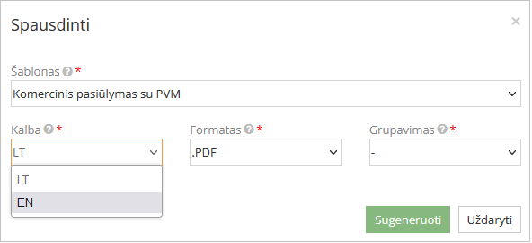 Komercinio pasiūlymo šablono pasirinkimas su arba be PVM