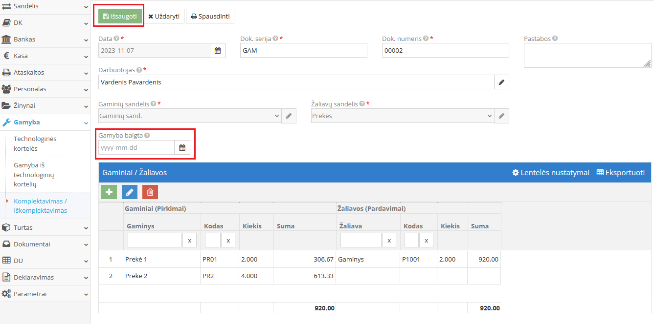 Išsaugoto gamybos įrašo peržiūra