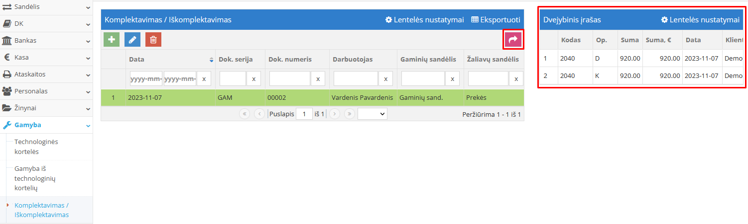 Dvejybinio įrašo peržiūra po gamybos užregistravimo