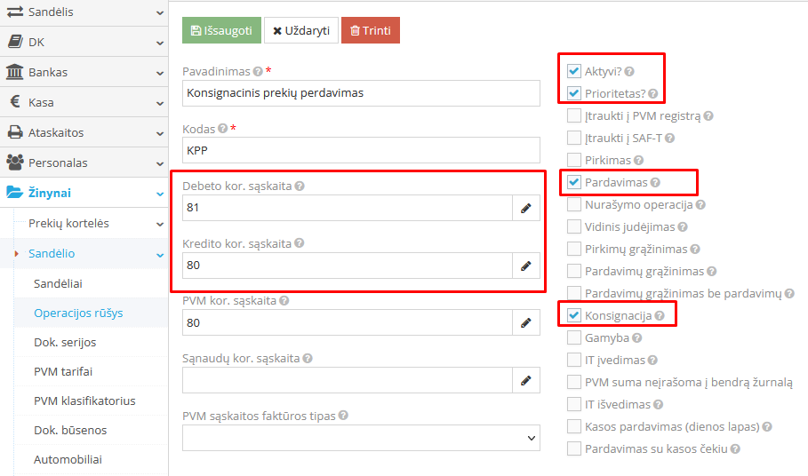 Konsignacinių prekių perdavimo operacijos rūšies pavyzdys