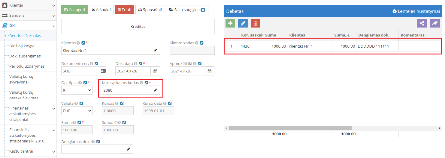 Kor. sąskaitos dengimo veiksmas programoje