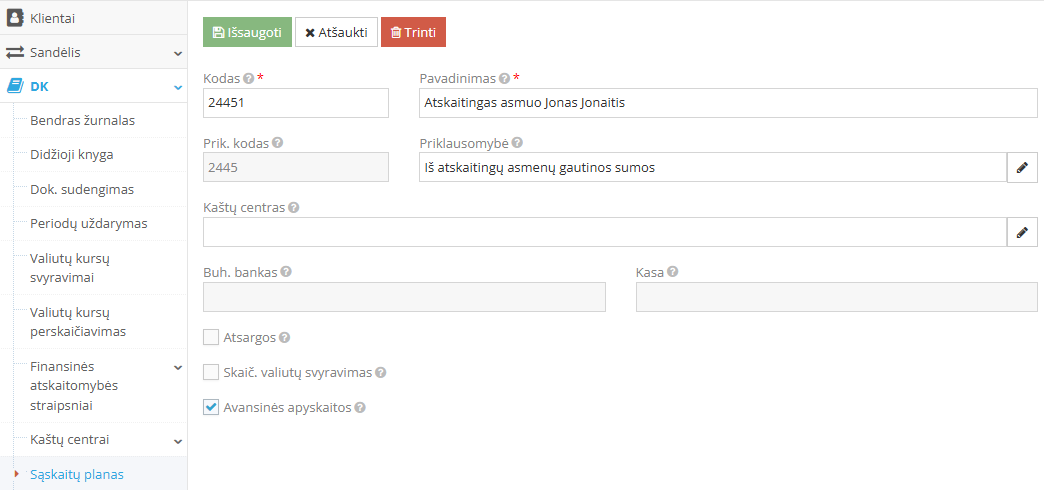 Atskaitingo asmens sąskaitos sukūrimo langas