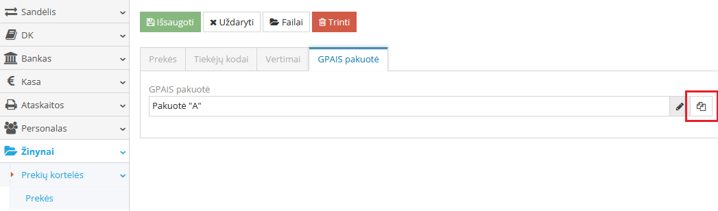 Pakuotės koregavimo mygtukas prekei iš sąrašo