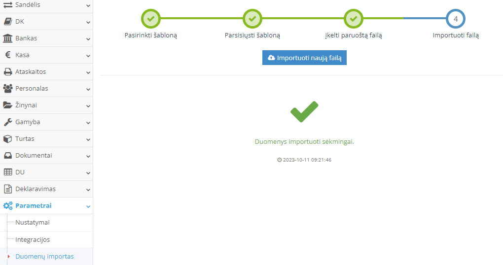 Importuoto prekių kortelių failo rezultato langas