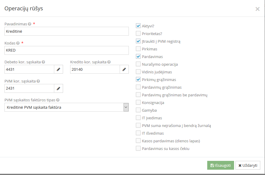 Prekių grąžinimo su likučio sumažinimu pavyzdys